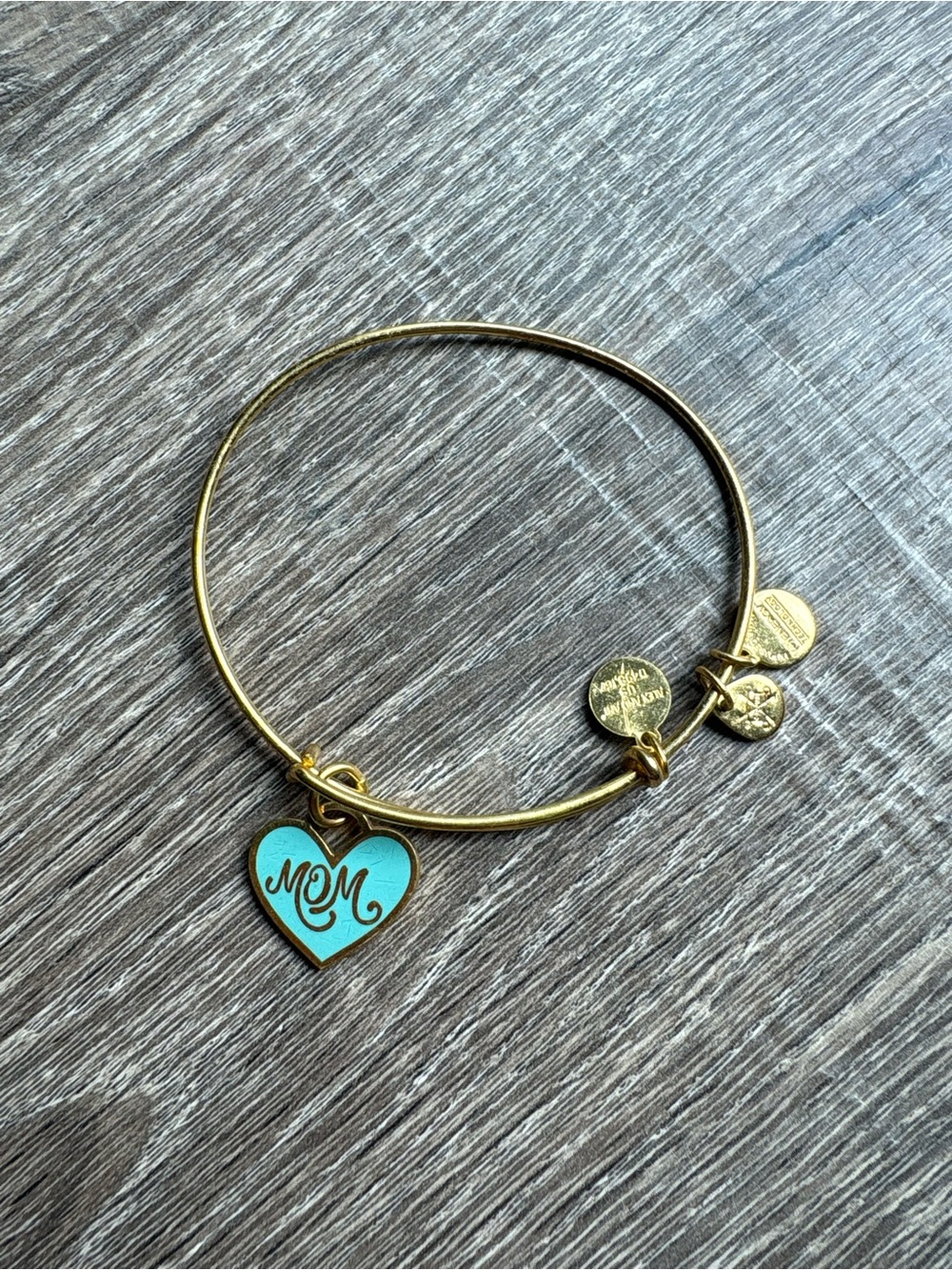 Alex and Ani Gold Tone Bangle with Turquoise 'MOM' Heart Charm